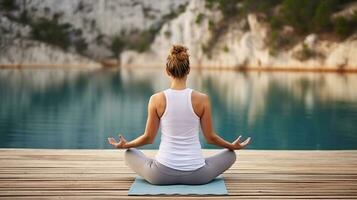 espalda ver lleno cuerpo de recortado irreconocible enfocado hembra atleta en ropa deportiva practicando yoga en padmasana con mudra manos en de madera muelle. generativo ai foto