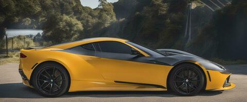 ai generated parked yellow sports car , electric or hybrid photo