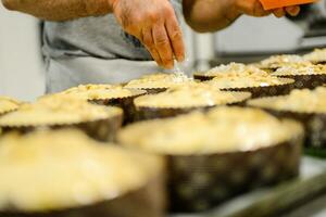 chef producing panettone, while lievitate, adding almond sugar topping to raw sweet bread. photo