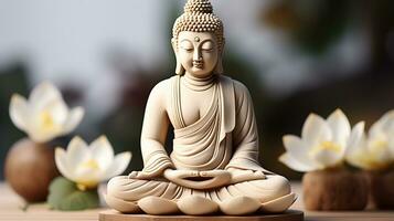 Buddha statue in meditation with lotus flower, Meditation, spiritual health, Generative AI photo