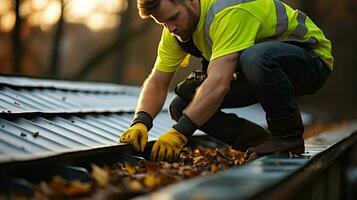 A man worker is cleaning a clogged roof gutter from dirt, debris and fallen leaves to prevent water and let rainwater drain properly. Generative AI photo