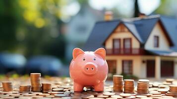 Piggy Bank and House Miniature Unite for Mortgage Milestones. Generative AI photo