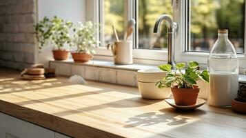 de madera mesa en un brumoso fondo de un blanco lavabo ventana en un cocina. generativo ai foto