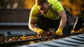 un hombre trabajador es limpieza un obstruido techo canal desde suciedad. generativo ai foto