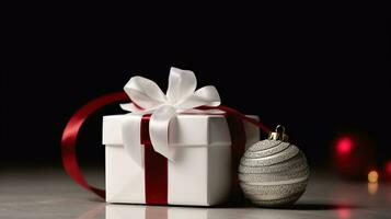 A White Christmas Gift Box with red bow and white ball on dark background, Generative AI photo