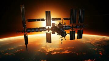 Sunrise Illuminates the Silhouette of a Space Station. Generative AI photo