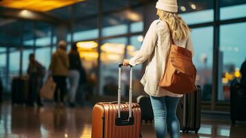 A female tourists in casual clothes putting suitcase on special trolley in airport terminal while preparing for departure. Generative AI photo