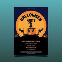 Halloween vertical background with pumpkin, haunted house and full moon. Flyer or invitation template for Halloween party. Vector illustration.