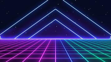 Retro style 80s-90s laser neon background. Futuristic Grid landscape. Digital Cyber Surface. Suitable for design in the style of the 1980s-1990s. 3D illustration photo