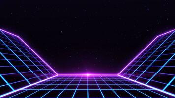 Retro style 80s-90s laser neon background. Futuristic Grid landscape. Digital Cyber Surface. Suitable for design in the style of the 1980s-1990s. 3D illustration photo