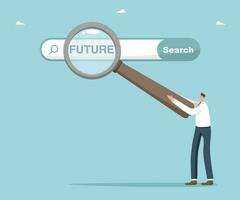 Man points with magnifying glass at search bar with future vector