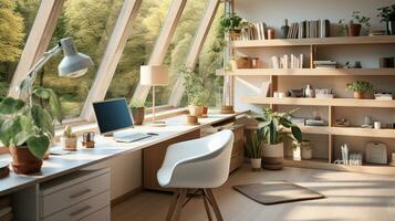 Inspiring Home Office Design Blending Nordic and Natural Elements. Generative AI photo