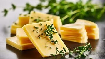 Fresco queso rebanadas adornado con fragante hierbas. generativo ai foto
