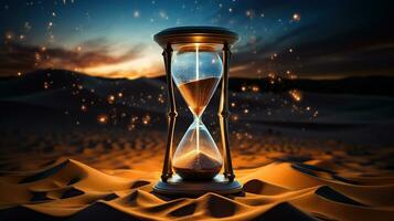 Hourglass in the Midnight Desert. Generative AI photo