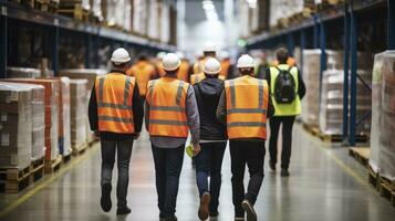 la seguridad en sincronizar - almacén trabajadores navegar el pasillos en medio de apilado bienes. generativo ai foto