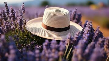 Straw hat in beautiful lavender field on summer day. Generative AI photo