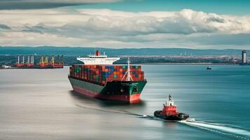 Cargo Ship Sailing in a Bustling Port - Industrial Maritime Transportation, Generative AI photo