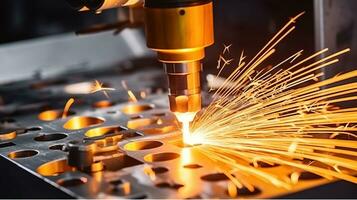 CNC Laser cutting of metal, modern industrial technology. Generative AI photo