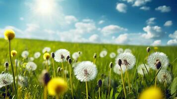 Dandelions in the grass. Beautiful bright natural image of fresh grass spring meadow with dandelions with blurred background and blue sky with clouds. Generative AI photo