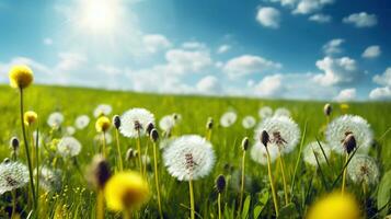 diente de león en el césped. hermosa brillante natural imagen de Fresco césped primavera prado con diente de león con borroso antecedentes y azul cielo con nubes generativo ai foto