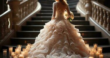 Bride in white dress on a staircase with beautiful Candlelight. Generative AI photo