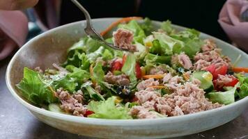 spoon pick tuna salad from a bowl on table video