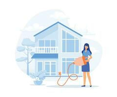 Sustainability concept, Energy consumption in household. Characters using energy efficient devices, flat vector modern illustration