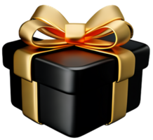 ai genererad 3d svart gåva låda med gyllene band rosett isolerat 3d framställa modern Semester överraskning låda flygande realistisk ikon för födelsedag gåva eller bröllop baner png