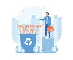 Businessman no debt, business man rejected word debt to the trash,  flat vector modern illustration