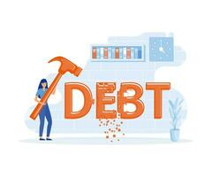 Businesswoman trying to crush and smash the heavy debt burden, debt settlement. flat vector modern illustration