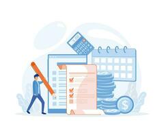 Payroll income concept,  salary payment annual bonus. payout with paper, calculator, and people character, flat vector modern illustration