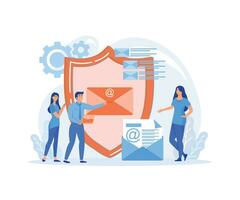 Encrypted, secure messenger concept.  People stand near big shield, email letters, messages. flat vector modern illustration