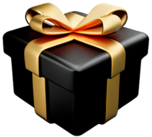 ai generiert 3d schwarz Geschenk Box mit golden Band Bogen isoliert 3d machen modern Urlaub Überraschung Box fliegend realistisch zum Geburtstag Geschenk oder Hochzeit Banner png