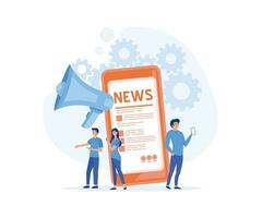 Online reading news. Young men and women are standing near big smartphone and using their own smart phones for reading news.  flat vector modern illustration