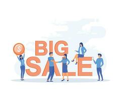 Big sale with small happy characters, Man and woman characters on discount event for banner, ads, promotion, flat vector modern illustration