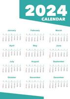 2024 year calendar in minimalistic style. Week starts on Sunday. Simple wall calender template a3 format vector