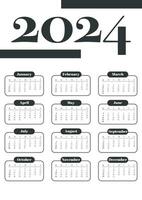 2024 year calendar template. Simple corporate calender layout a3 format. Week starts on Sunday. vector