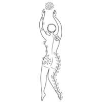Hand drawn silhouette woman with hands up and flower and creeper. Magic esoteric talisman new life. Coloring young woman. vector