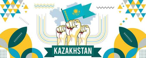 Kazakhstan national or independence day banner design for country celebration. Flag and map of Kazakhstan with raised fists. Modern retro design with abstract geometric icons. Vector illustration.