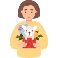 Cute  woman with dog and gift box png