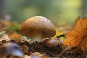 Porcini mushroom growing forest. Generate Ai photo