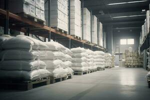 Warehouse storage white bags for factory. Generate Ai photo