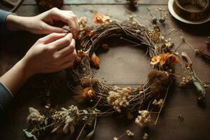 Hands workshop autumn wreath. Generate ai photo