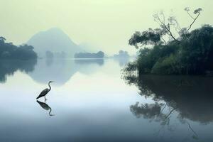Vietnam lake heron nature scenic wild. Generate Ai photo