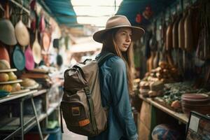 Woman tourist with backpack at city local market. Generate Ai photo