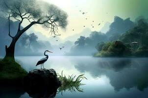 Vietnam lake heron nature morning fog. Generate Ai photo