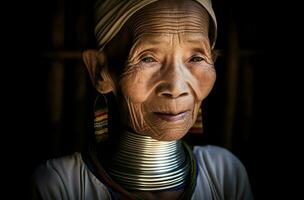 largo cuello mayor tribal mujer. generar ai foto