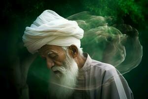 Elderly man in white turban double exposure bud. Generate ai photo