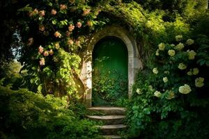 atractivo puerta verde jardín. generar ai foto