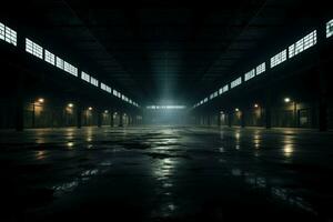 Gloomy Dark empty warehouse. Generate Ai photo